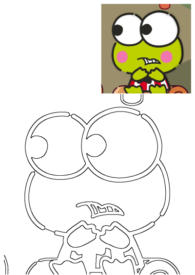 Keroppi, the green frog cartoon character, is shown with big eyes and an anxious expression, featuring both a vibrant colored and outline version.