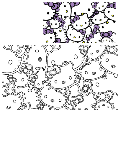 A vibrant Hello Kitty pattern with white faces, purple bows, and yellow noses, accompanied by its uncolored outline version.