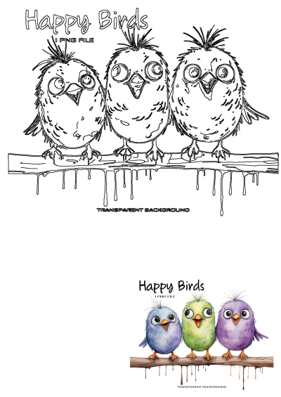 Cute happy watercolor birds in blue, green, and purple perched on a branch. Also includes a black and white line art version.