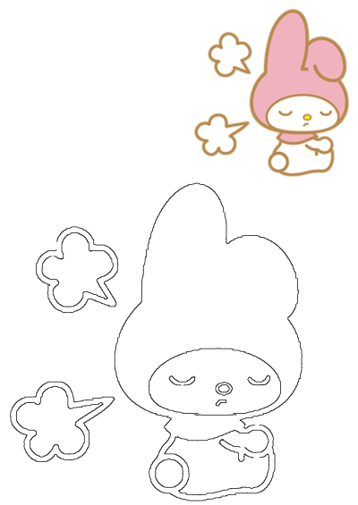 A charming My Melody bunny with eyes closed and head tilted back in a peaceful pose. Includes a colorful version and an outline for coloring.