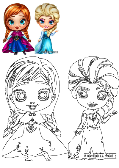 Two sets of chibi-style Frozen princesses Anna and Elsa, featuring one pair in full color and another as black and white line art.