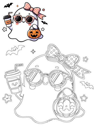 A cute Halloween ghost wearing sunglasses and a polka dot bow, holding coffee and a pumpkin bucket, surrounded by bats and stars. Includes a coloring page outline.