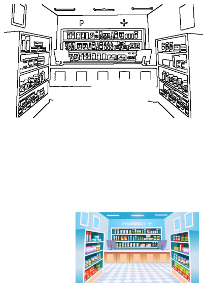 A detailed illustration of a pharmacy store interior with shelves filled with medicines and healthcare products. Also features a clean line art version.