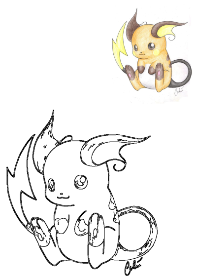 An adorable baby Raichu Pokemon illustration, showcasing both a charming colored version and its clean outline for drawing practice.