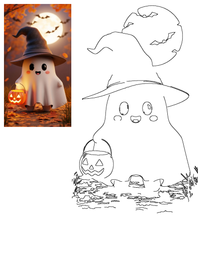 An adorable Halloween ghost wears a witch hat, holding a glowing pumpkin bucket on an autumn path under a full moon with bats.