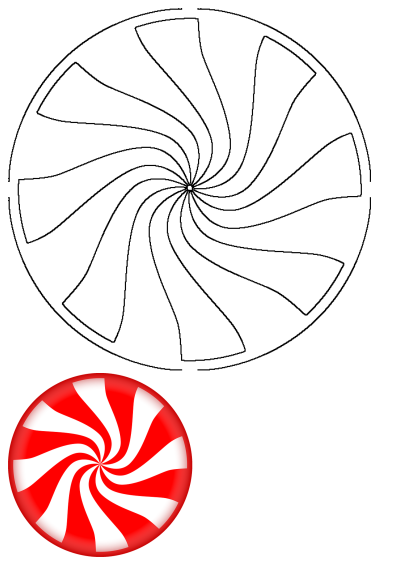 A classic red and white peppermint candy cane circular pattern, presented with both a vibrant colored version and a black outline.
