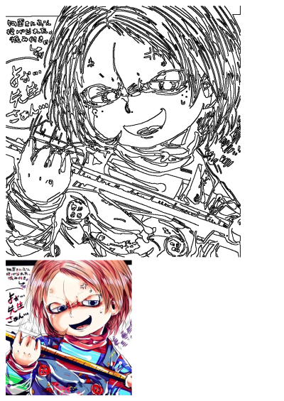 Chucky from Child's Play fan art outline drawing. The horror doll is depicted with a menacing grin, holding a wooden ruler.