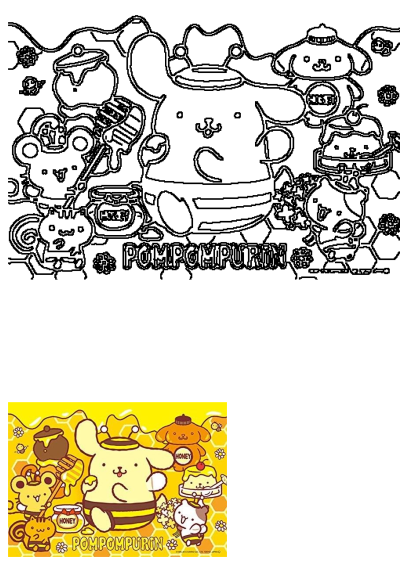 Pompompurin and Sanrio friends, including Cinnamoroll, in a sweet honey-bee themed illustration with honeycombs and pots.