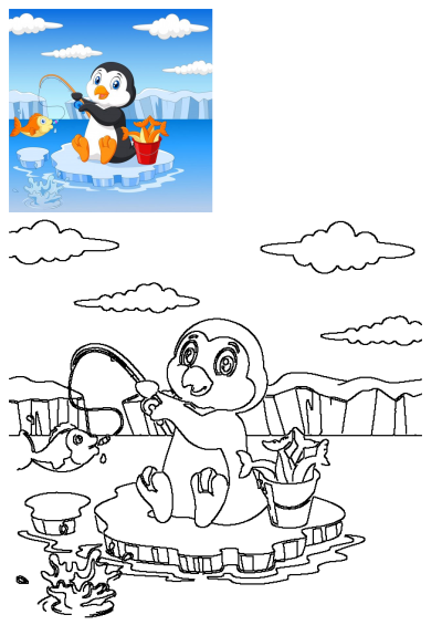 A cute cartoon penguin fishing a goldfish while sitting on an ice floe in the arctic with other fish in a bucket.