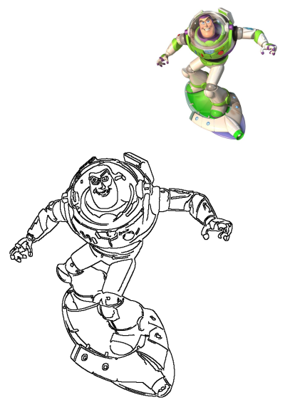 Buzz Lightyear, the Toy Story space ranger, flying on a hoverboard. Features both a vibrant colored cartoon and an outline drawing.