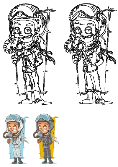 Two cheerful cartoon pilot characters in white and grey uniforms, wearing helmets, masks, and aviator gear, standing in different poses.