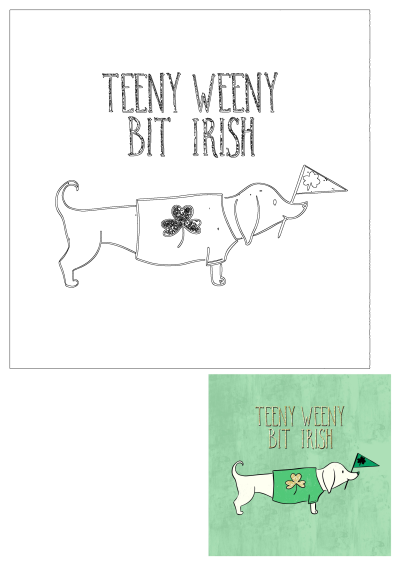A white dog illustration wearing an Irish shamrock shirt, holding a shamrock flag, with 'Teeny Weeny Bit Irish' text, perfect for St. Patrick's Day.