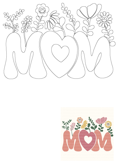 Outline of 'MOM' with a heart O, adorned with pink floral designs, smiley face flowers with heart eyes, and heart-leaf plants, perfect for Mother's Day.