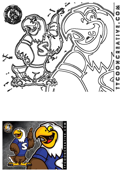 Two bald eagle mascots, one wearing an 'S' shirt and giving thumbs up, a smiling headshot, on a blackboard background.