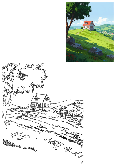 Peaceful landscape painting featuring a white house with a red roof on a vibrant green hillside, a tree, rocks, and a village under blue skies.