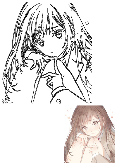 A detailed line art of a shy, cute anime girl, capturing the distinct Nikki style with soft features and long hair.