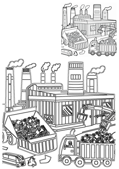 Recycling center line art with garbage and dump trucks. Industrial buildings, smokestacks, and a recycle symbol depict waste processing.