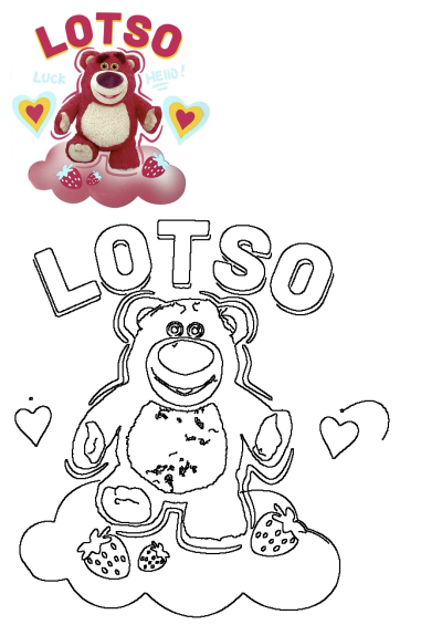 A cheerful Lotso Bear plush sits on a strawberry cloud with hearts and 'Luck' text, accompanied by an outline version for coloring fun.