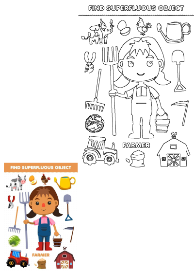 Engaging 'Find Superfluous Object' puzzle for kids featuring a girl farmer, farm animals, tools, and a barn. Includes colored example & outline for activity.
