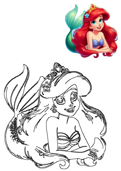 Ariel The Little Mermaid Disney Princess Cartoon Illustration and a black and white line art drawing for coloring.
