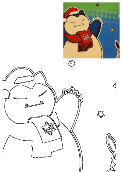 Festive Snorlax Pokemon in a Santa hat & red snowflake scarf for a holiday card, alongside a black and white coloring outline.