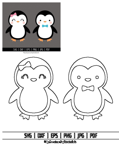 Cute cartoon penguin couple illustration, featuring a penguin girl with a pink bow and a penguin boy with a blue bow tie.