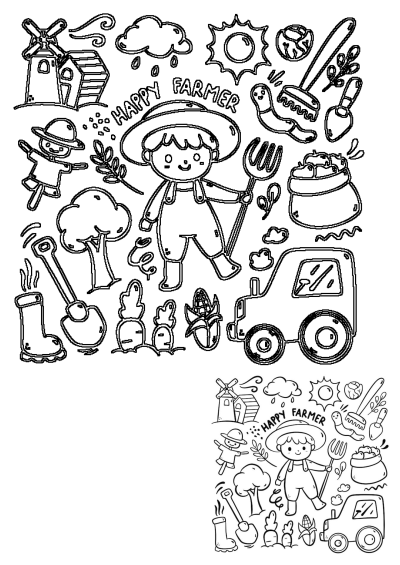 Cheerful doodle farmer graphic with pitchfork, tractor, windmill, farm tools, sun, rain, and various harvest elements.