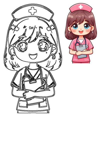 Cute cartoon nurse in a pink uniform, holding a clipboard with a stethoscope. Brown hair, blue eyes. Also features a B&W outline.