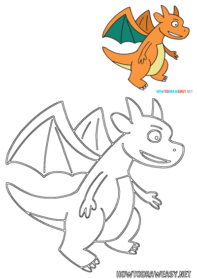 A friendly cartoon orange and green dragon with wings, presented both in vibrant color and as a black outline for drawing.