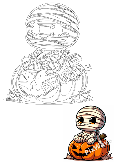 A cute Halloween mummy character wrapped in bandages, sitting on a carved pumpkin. Perfect for spooky season designs.