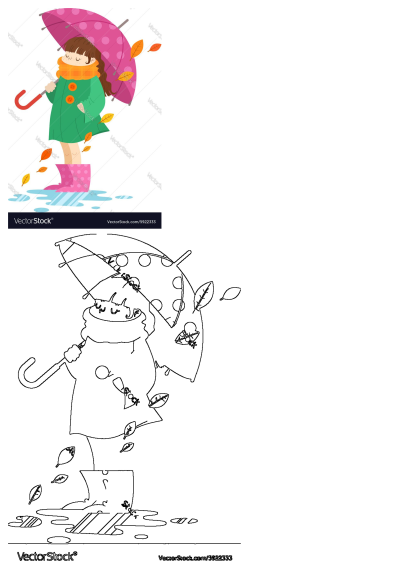 Cute cartoon girl in a green coat, orange scarf, and pink rain boots, holding a polka dot umbrella amidst falling autumn leaves and puddles.