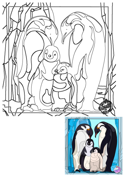 Outline drawing of a penguin family, including two adults and two cute chicks, in a detailed ice cave and snowy landscape.