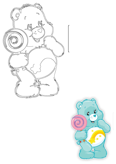 A delightful light blue Care Bear holding a vibrant pink swirl lollipop. Features a cheerful smile and a unique rainbow with shooting star belly badge.