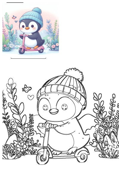 Adorable cartoon penguin wearing a blue hat, riding a pink scooter through a whimsical garden with colorful plants and a bird.
