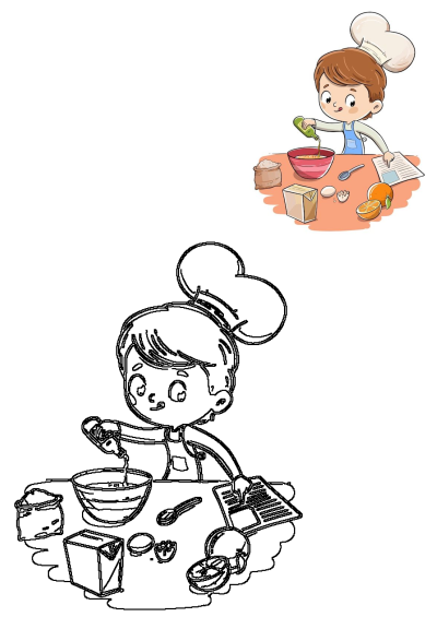 Boy chef cooking pouring oil into a bowl with ingredients and recipe, shown as a vibrant illustration and a coloring page outline.