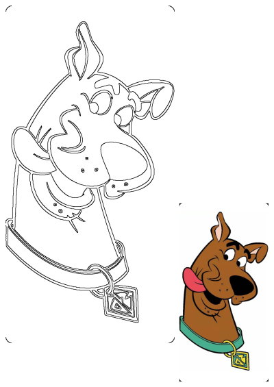 Scooby Doo cartoon dog with tongue out, wearing his collar, presented in both a vibrant colored version and a detailed black outline drawing.