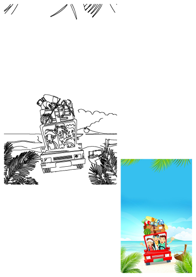 A cheerful family enjoying a beach road trip vacation in a red truck, loaded with luggage, surfboard, and beach gear, by palm trees and ocean.