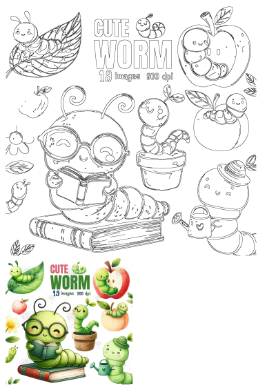 Cute cartoon worm and caterpillar illustrations. Features characters reading books, inside apples, on leaves, and in pots.