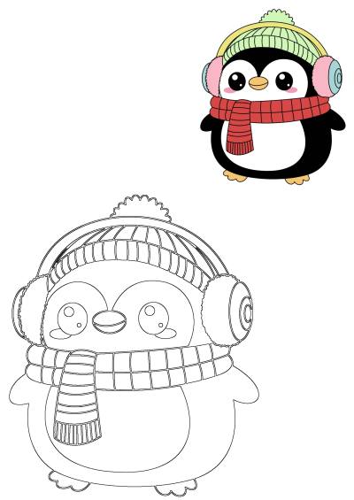 A cute cartoon penguin wearing a green beanie, pink headphones, and a red scarf. Also features its black and white outline for coloring.