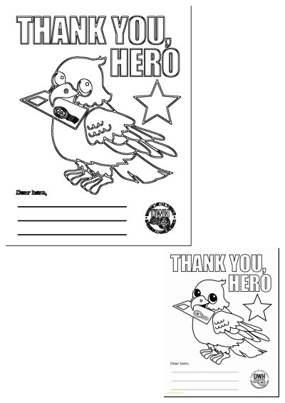 Printable Thank You Hero card for military appreciation featuring an eagle holding a letter, 'THANK YOU, HERO' text, and a star.