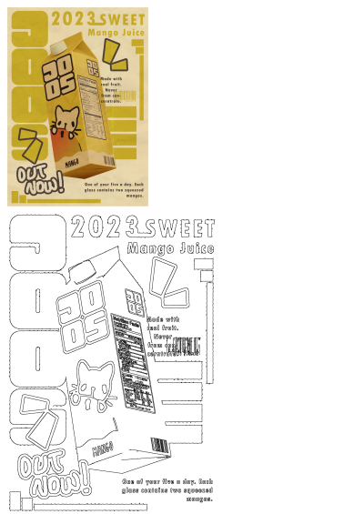 A vibrant yellow 2023 Sweet Mango Juice carton featuring a playful cat graphic, promoting real fruit juice, available 'OUT NOW!'.
