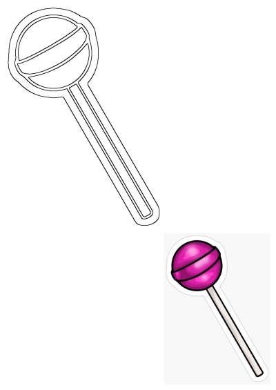 A vibrant pink lollipop sticker, depicted upside down against a white background, alongside a black outline of a lollipop.