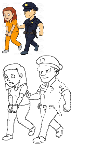 A cartoon police officer in blue uniform arrests a woman prisoner in an orange jumpsuit with handcuffs, escorting her.