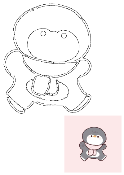 Black and white outline of a charming cartoon penguin in a scarf, alongside its vibrant colored counterpart on a soft pink background.