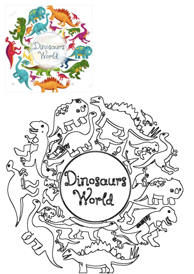 Vibrant illustration of cute cartoon dinosaurs including T-Rex, Stegosaurus, and Triceratops forming a circle around 'Dinosaurs World'.