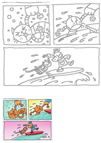 Humorous comic strip panels featuring a distressed orange cat being pulled by a uniformed dog riding a surfboard on a wave.