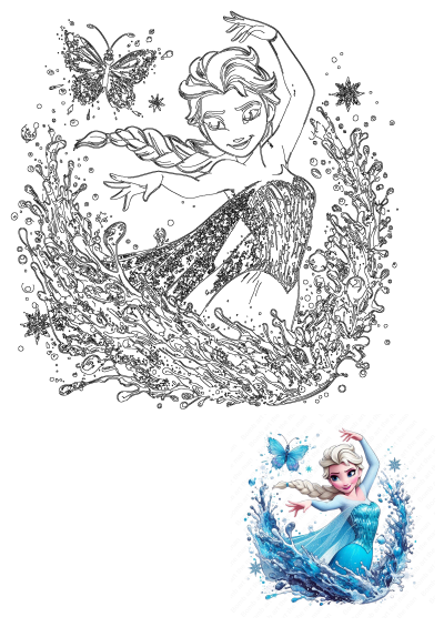 Elsa from Frozen in a beautiful blue dress, surrounded by dynamic water splashes, shimmering snowflakes, and a delicate butterfly.