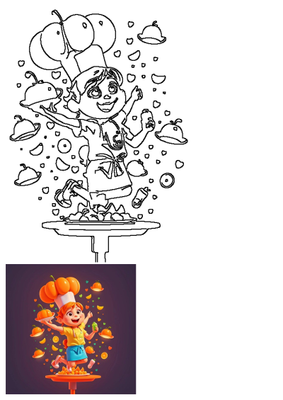Cute cartoon chef illustration dancing with pumpkin plates and food, embodying the joy of Italian cooking and culinary creativity.