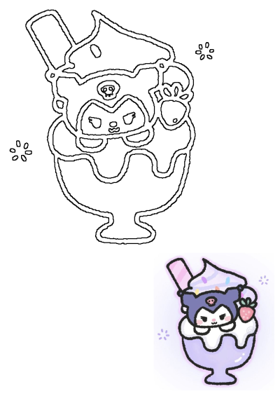 An outline drawing of Kuromi as a cute kawaii ice cream sundae, complete with whipped cream, a strawberry, and a straw.