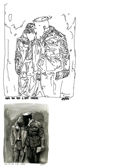 A poignant black and white ink drawing and watercolor depicting a man in uniform supporting a friend, with the text 'Once You Had A Best Friend'.